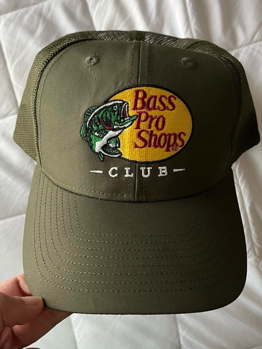 Bass Pro Shops Olive Green Mesh Trucker Hat with Yellow Logo Patch